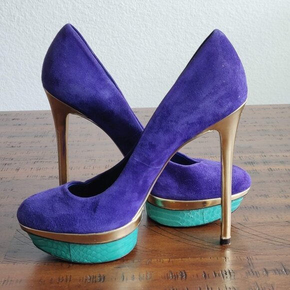 Brian Atwood Blue Suede Colorblock Fontanne Platform Pumps 7.5 Gold aqua green - Picture 2 of 11